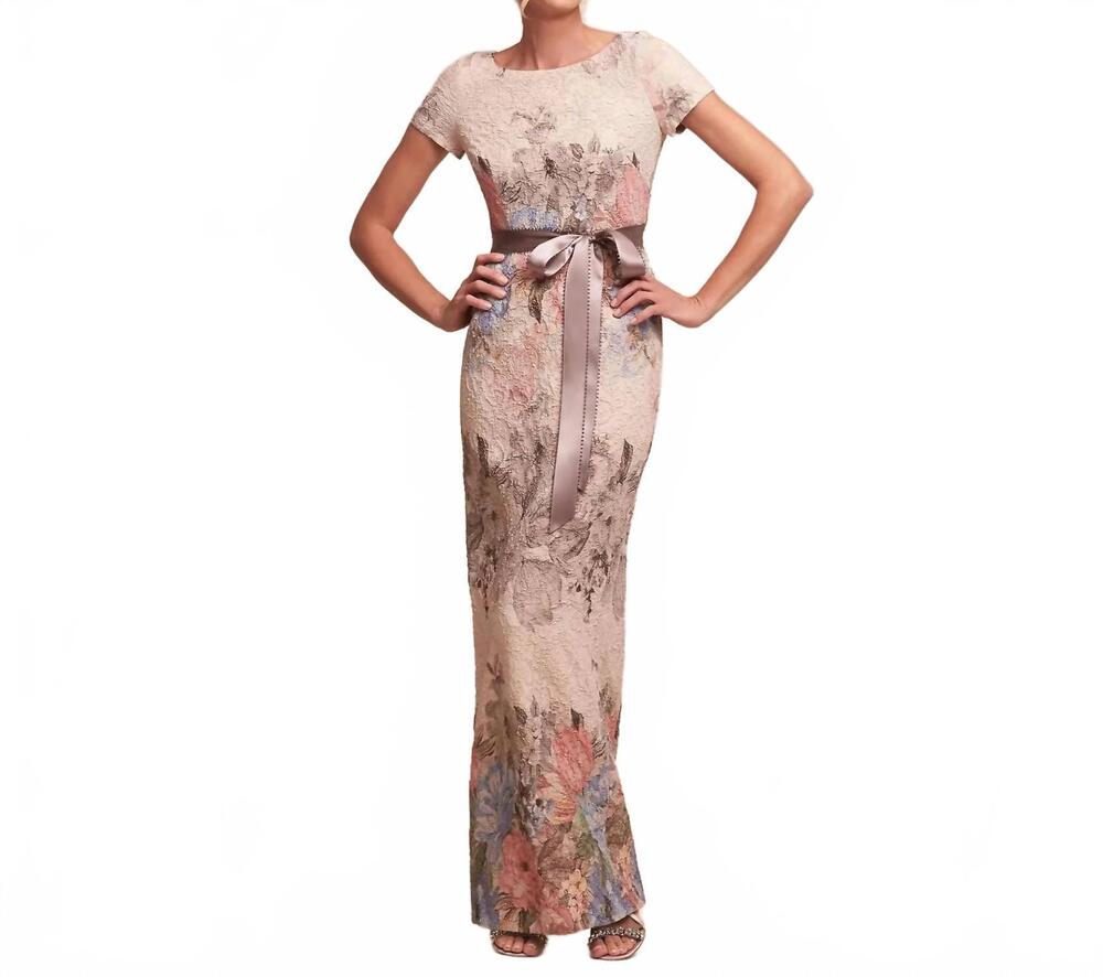 NEW ADRIANNA PAPELL matelassé column gown in floral jacquard fabrication
